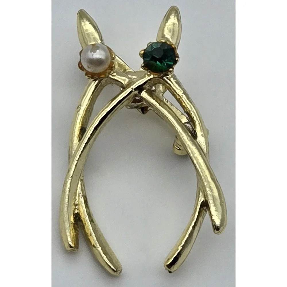Vintage Gold Tone Wishbone Brooch Lucky Charm Faux Pearl Green Rhinestone Pin